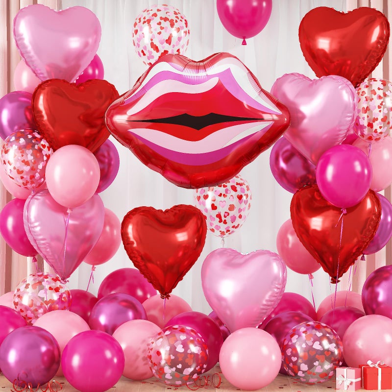Togvu 30 Inch Large Red Lip and Heart Balloons, 56 Pcs Hot Pink Latex Balloons with 18 Inch Heart Kiss Foil Balloon for Valentines Day Makeup Girl Night Bachelorette Wedding Bridal Shower Party - Image 1