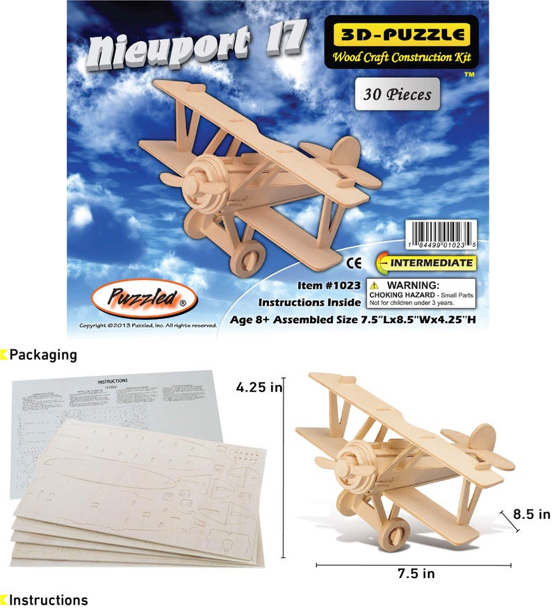 Puzzled 3D Puzzle Nieuport 17 Airplane - Wood Craft Construction Model Kit Aircraft, Fun Educational DIY Wooden Toy Assemble Model Unfinished Craft Hobby to Build & Paint for Decoration - 30pc Pack - Image 2