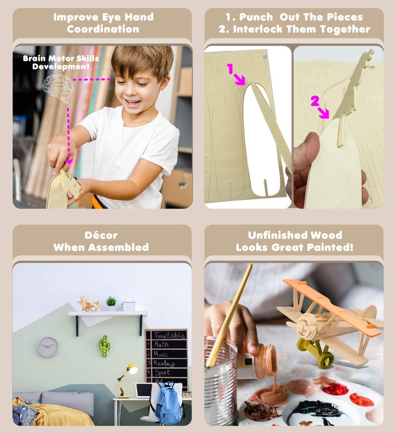 Puzzled 3D Puzzle Nieuport 17 Airplane - Wood Craft Construction Model Kit Aircraft, Fun Educational DIY Wooden Toy Assemble Model Unfinished Craft Hobby to Build & Paint for Decoration - 30pc Pack - Image 3