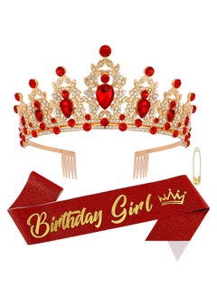 Birthday Crown and Sash for Women, Crown Tiara with Red Rhinestones Fabulous Sash Birthday Party Decorations Hair Accessories for Prom Party Gift Hair Accessories for Women (Red)
