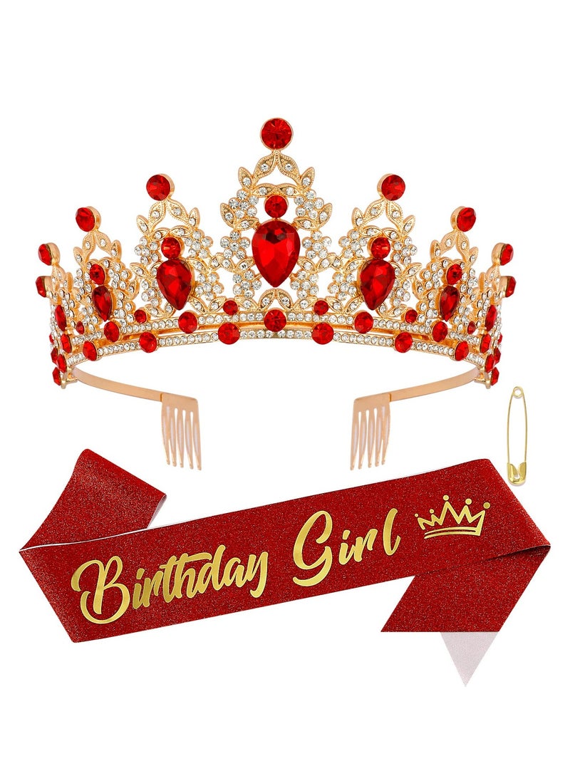 SYOSI - Birthday Crown and Sash for Women, Crown Tiara with Red Rhinestones Fabulous Sash Birthday Party Decorations Hair Accessories for Prom Party Gift Hair Accessories for Women (Red) - Image 1