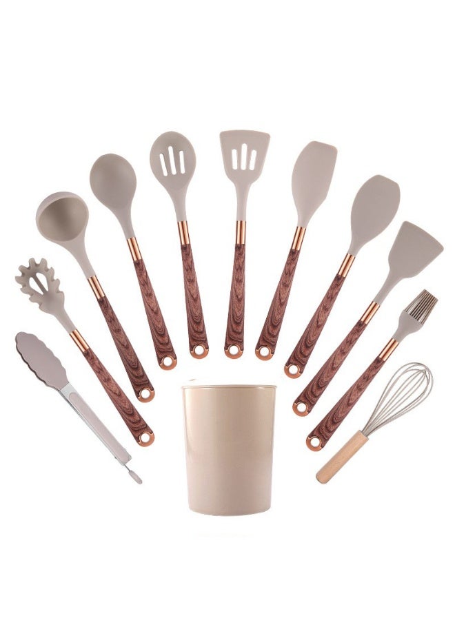 طقم أدوات مطبخ من السيليكون مكون من 12 قطعة بمقبض يشبه الخشب ودلو تخزين - مقاوم للحرارة وغير لاصق - Image 1