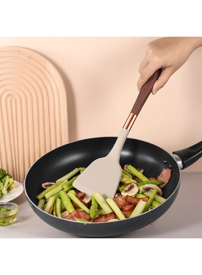 طقم أدوات مطبخ من السيليكون مكون من 12 قطعة بمقبض يشبه الخشب ودلو تخزين - مقاوم للحرارة وغير لاصق - Image 2