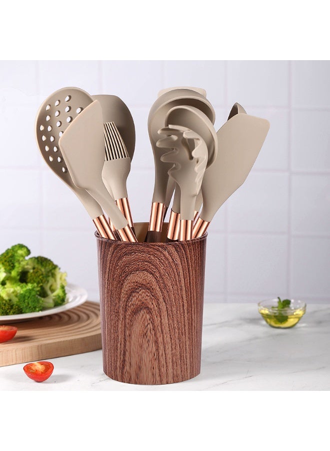 طقم أدوات مطبخ من السيليكون مكون من 12 قطعة بمقبض يشبه الخشب ودلو تخزين - مقاوم للحرارة وغير لاصق - Image 3