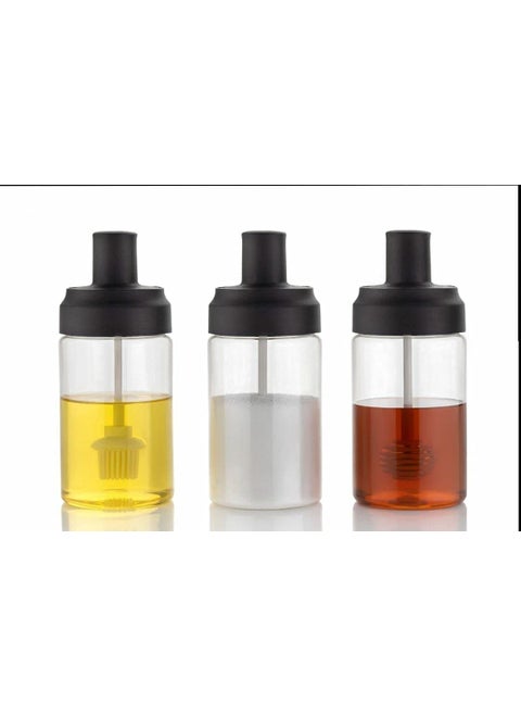 CALIST PLASTIC 3 Pcs Storage Container Condiment Jars Set with Spoon Brush Honey Dipper Stick for Kitchen