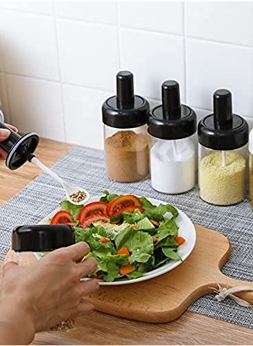 CALIST PLASTIC 3 Pcs Storage Container Condiment Jars Set with Spoon Brush Honey Dipper Stick for Kitchen