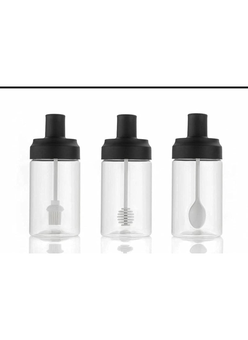 CALIST PLASTIC 3 Pcs Storage Container Condiment Jars Set with Spoon Brush Honey Dipper Stick for Kitchen