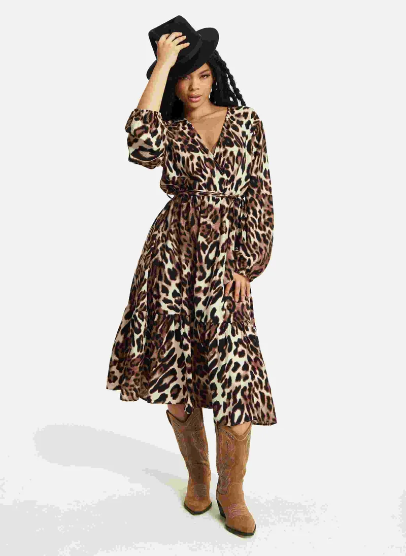 Liquorish Leopard Print Long Sleeve Midi Dress