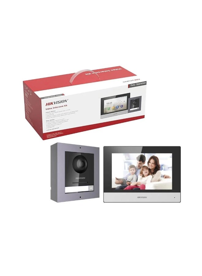 HIKVISION DS-KIS602 IP Video Intercom Kit with 4-Port Standard PoE Switch, 7" Touchscreen Indoor Monitor, 2MP Outdoor Door Station, PoE Power & Data, Remote Door Unlock, Two-Way Audio, Night Vision, IP65 Weatherproof, Mobile App Access, Ideal for Villas & Apartments Black 16.93cm - Image 1