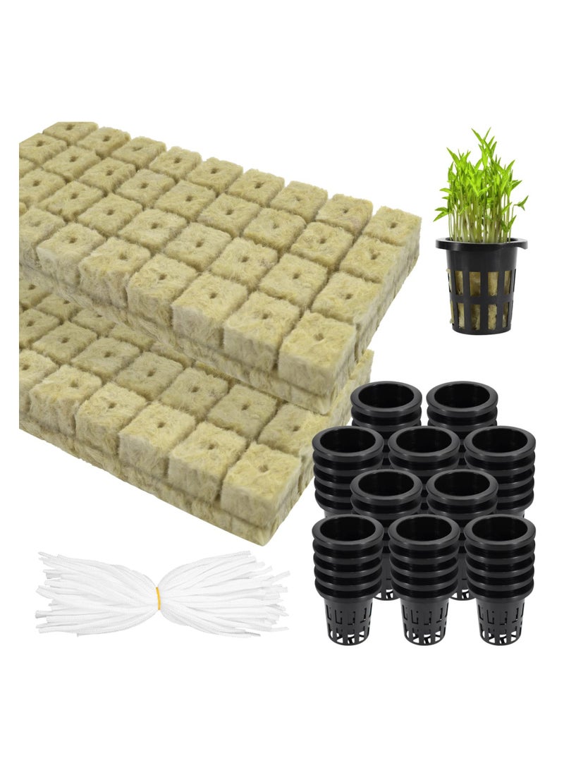 KASTWAVE Rockwool Cubes for Hydroponics with Net Pots, 1in Rock Wool Planting Cubes 72 Plugs & 1.5 inch 50 Net Cups, Plant Nursery Net Cups for Hydroponics, Self Watering Cotton Wick Cord - Image 1