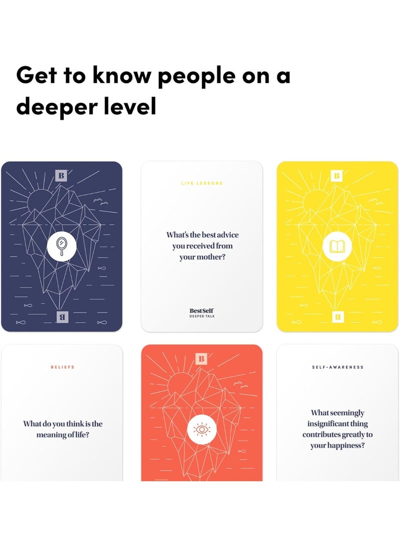 بست سيلف كو. مجموعة بطاقات "Deeper Talk" من BestSelf لكسر الجليد وبدء محادثات عميقة — بطاقات قوية لتعزيز العلاقات وتنميتها من خلال خلق تفاعلات منفتحة وجذابة وهادفة — تتضمن 150 فكرة وموضوعاً للنقاش. - Image 4