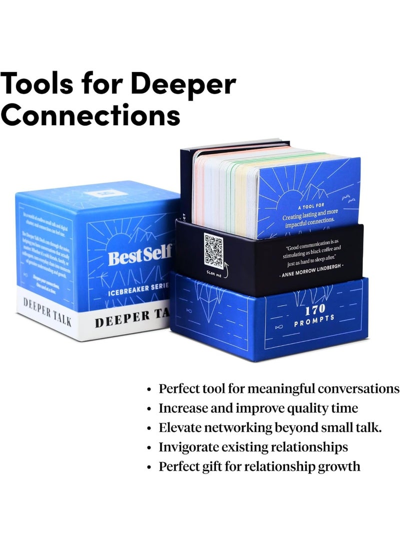 بست سيلف كو. مجموعة بطاقات "Deeper Talk" من BestSelf لكسر الجليد وبدء محادثات عميقة — بطاقات قوية لتعزيز العلاقات وتنميتها من خلال خلق تفاعلات منفتحة وجذابة وهادفة — تتضمن 150 فكرة وموضوعاً للنقاش. - Image 3