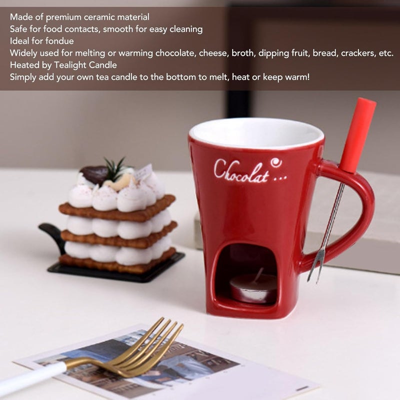 AUNMAS Chocolate Melting Mug, Dishwasher Safe Portable Ceramic Butter Warmer Pot with Stainless Steel Fork for Date Night Wedding Gifts (4.7 Inches Height) (Red) - Image 5