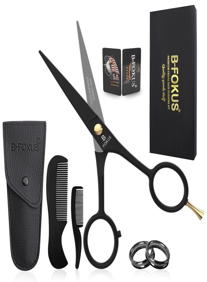 B-FOKUS 5" Premium Beard Mustache Scissors, Black High Carbon Stainless Steel Beard Scissors with 1 Beard Comb, 1 Mustache Comb, 2 Stickers and Tarvel Pouch. Beard Trimming Scissors for All Facial Hair - Image 1
