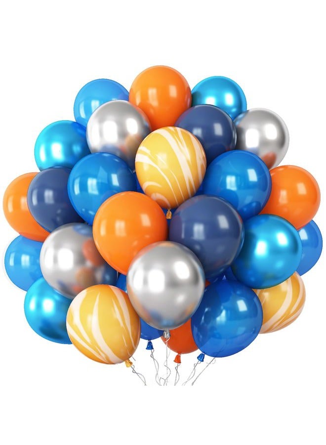 Togvu 60Pcs Balloons Blue Orange, Outer Space Party Balloons Set, Navy Blue Silver Orange Yellow Agate Latex Balloon, Blue Party Balloons for Boys Kids Space Theme Birthday Party, Graduation, Baby Shower - Image 1