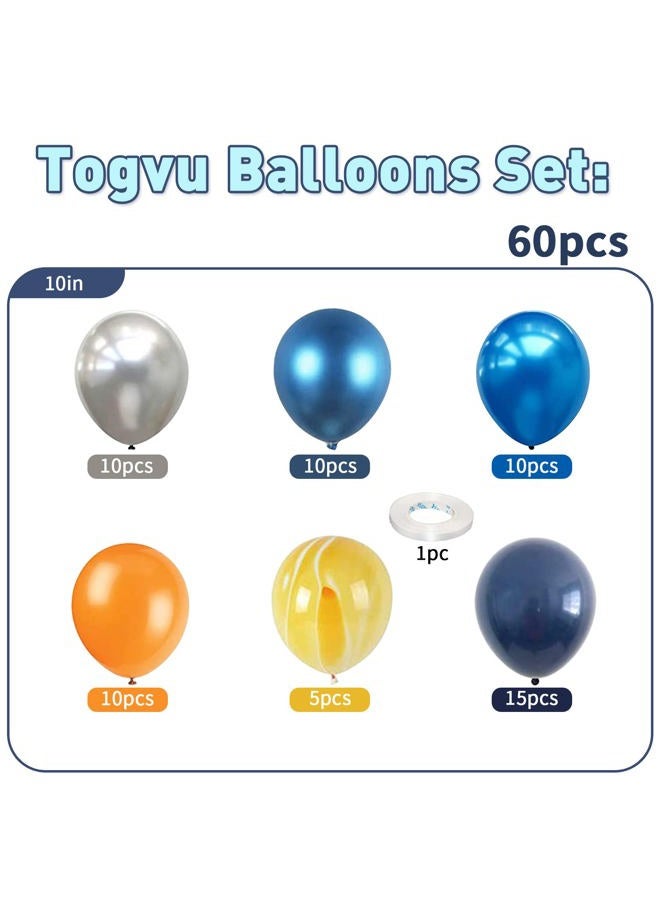 Togvu 60Pcs Balloons Blue Orange, Outer Space Party Balloons Set, Navy Blue Silver Orange Yellow Agate Latex Balloon, Blue Party Balloons for Boys Kids Space Theme Birthday Party, Graduation, Baby Shower - Image 2