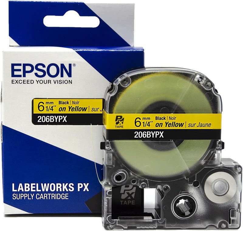 LABELWORKS خرطوشة شريط PET (بوليستر) الأصلية من إبسون 206BYPX - شريط صانع الملصقات أسود على خلفية صفراء - بعرض 1/4" (6MM) وطول 30'. - Image 1