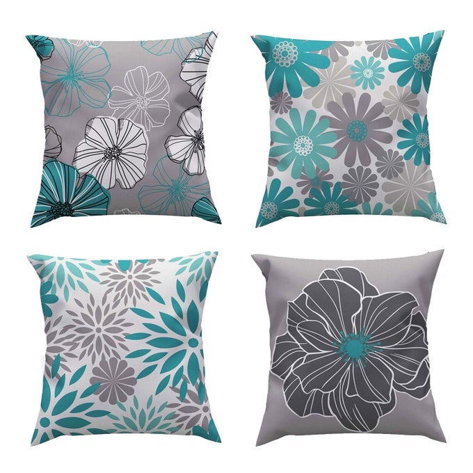 TEAL PILLOW COVERS 18X18 SET OF 4 DECORATIVE THROW PILLOW COVER FOR COUCH MODERN PILLOW CASES FOR LIVING ROOM CUSHION BED OUTDOOR CAR GRAY AND TURQUOISE HOME DECOR