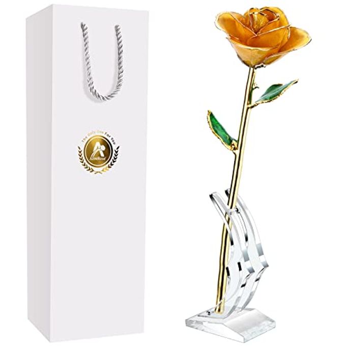 AliveRose Gold Rose Made from Real Rose Unique Design Dipped Rose for Anniversary Valentines Mothers Day Birthday Gifts (Yellow with Stand) - Image 1