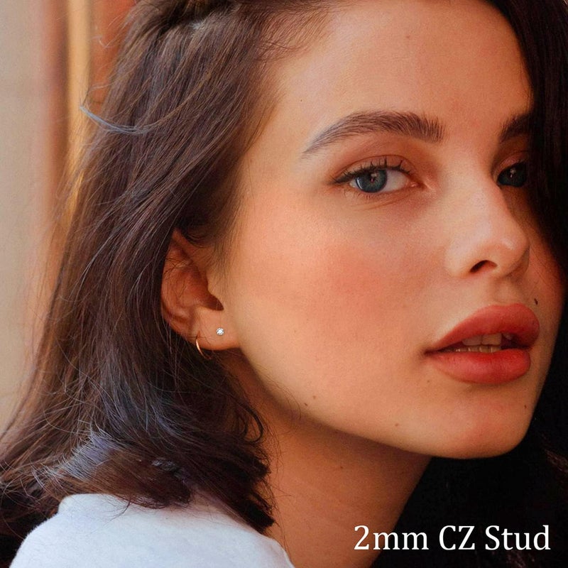 Fansilver 20G Hypoallergenic Flat Back Earrings for Women Men Silver 14K Gold Stainless Steel Stud Earrings Brithstone Cubic Zirconia Studs Surgical Steel Cartilage Earrings for Sensitive Ears - Image 2