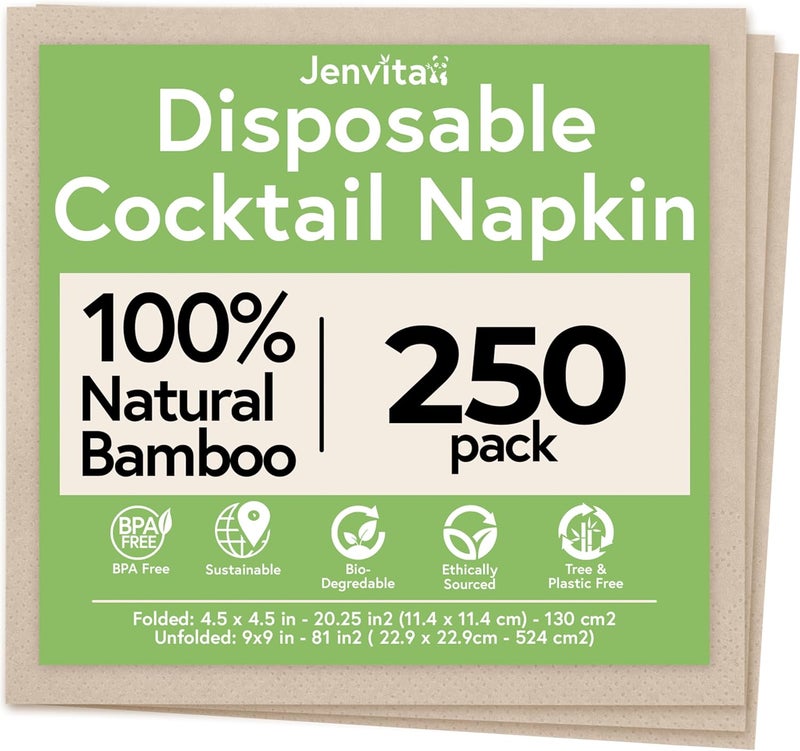 ibambo Jenvita 100% Bamboo Wedding Cocktail Napkins Disposable (250 Pack) | 2-Ply FSC Certified | Compostable Bar Napkins for Party, Home or Commercial Use | 4.5 x 4.5 Inch Folded | Ideal for Serving Drinks - Image 1