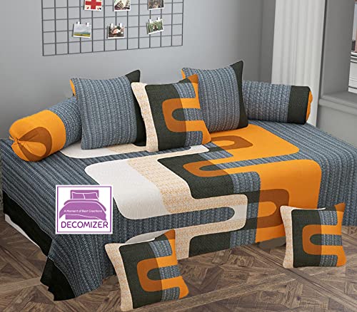 DECOMIZER XL Diwan Set 100 Pure Cotton Designer 1 60 X 90 in Bedsheet5 16x16 in Cushion Covers and 2 Booster Covers 8 PCS Set Diwan Set125 Design Orange and Grey - Image 1