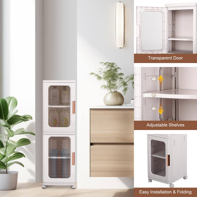 FAHKNS 2-Tier Narrow Storage Cabinet with Transparent Doors and Adjustable Shelves, Ideal Bathroom Organizer and Storage Cabinet for Compact Space, Bathroom, Kitchen, Laundry - Image 3