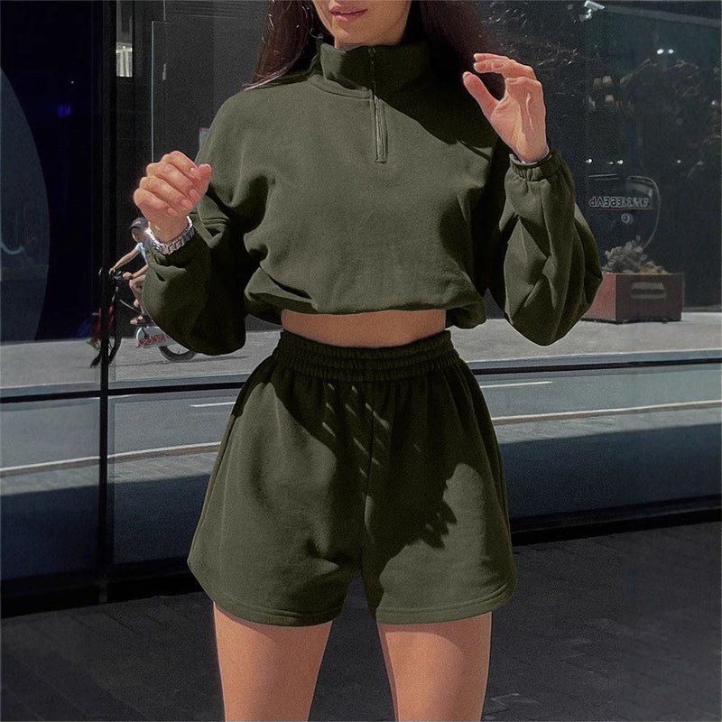 Women's Long Sleeve Half Zip Hoodie and Shorts Tracksuit Set - Image 2