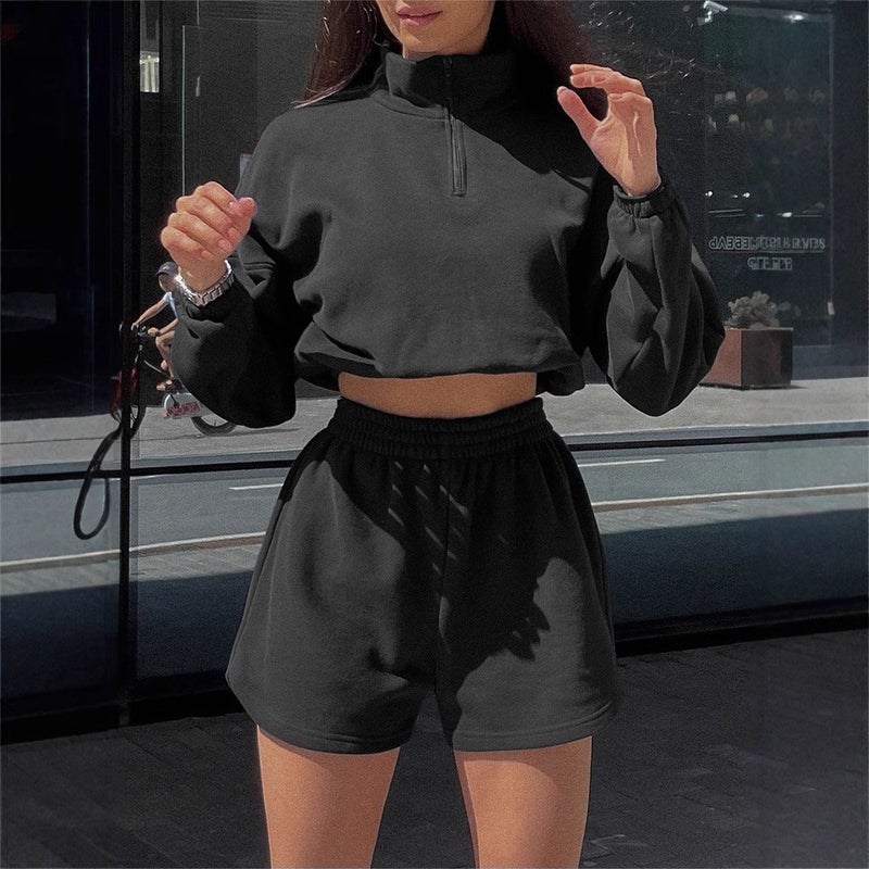 Women's Long Sleeve Half Zip Hoodie and Shorts Tracksuit Set - Image 4