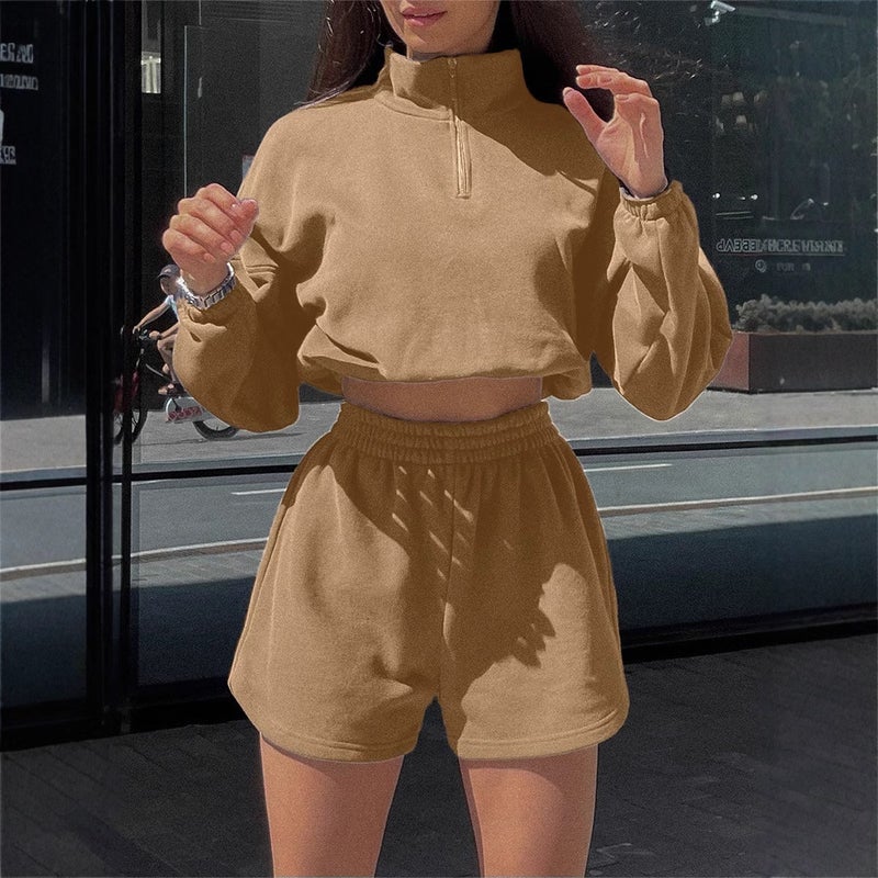 Women's Long Sleeve Half Zip Hoodie and Shorts Tracksuit Set - Image 5