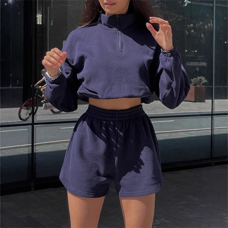 Women's Long Sleeve Half Zip Hoodie and Shorts Tracksuit Set - Image 1