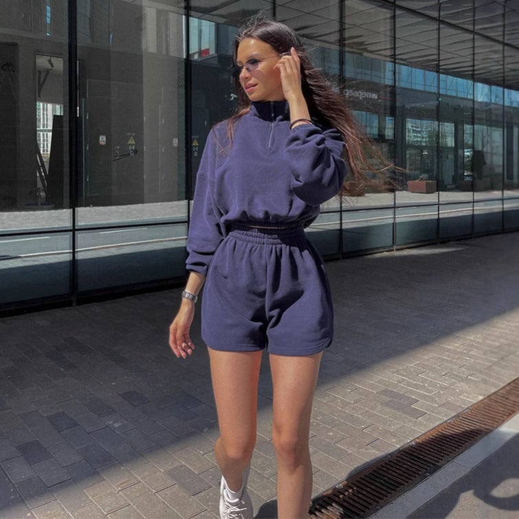 Women's Long Sleeve Half Zip Hoodie and Shorts Tracksuit Set - Image 3