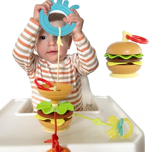 Aprilwolf Hamburger Suction Cup Toys Holder for High Chair Stroller Baby Toys 612 Months Toddlers 3 Tethers Keep from Falling Great for Restaurant Car Seat Airplane Travel - Image 1