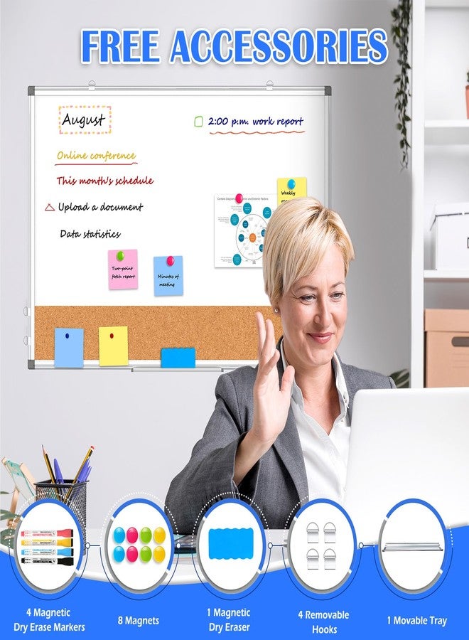WALGLASS لوحة بيضاء مزدوجة الجوانب مع لوحة فلين للجدار، من WALGLASS، مقاس 24 بوصة × 18 بوصة، قابلة للمسح الجاف، مع لوحة فلين، لوحة إعلانات معلقة على الحائط بإطار من الألومنيوم للمكاتب والمنازل والمدارس - Image 5