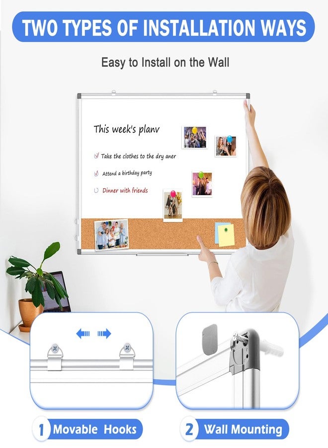 WALGLASS لوحة بيضاء مزدوجة الجوانب مع لوحة فلين للجدار، من WALGLASS، مقاس 24 بوصة × 18 بوصة، قابلة للمسح الجاف، مع لوحة فلين، لوحة إعلانات معلقة على الحائط بإطار من الألومنيوم للمكاتب والمنازل والمدارس - Image 4