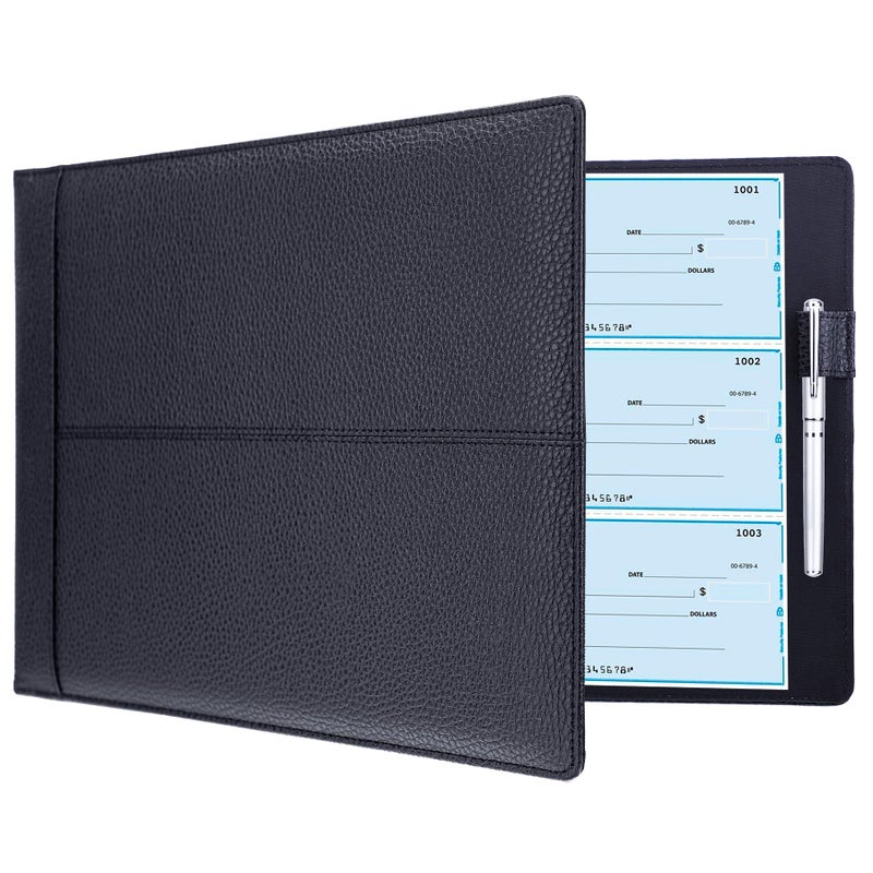 Antner 7 Ring Business Checkbook Binder for Business Checks, 600 Checks Capacity, PU Leather Check Book Binder Cover with Zipper Pouch, Executive Organizer Portfolio Holder for 9x13 Inch Sheets, Black - Image 1