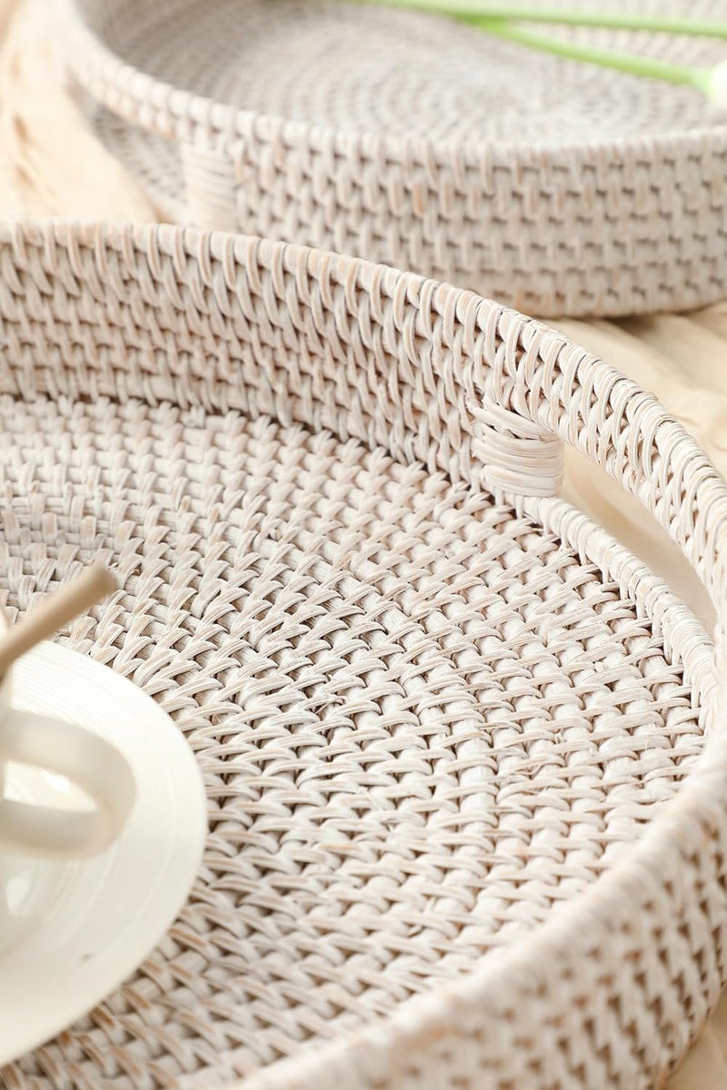 HITOMEN Hand-Woven Round Rattan Serving Tray Decorative Ottoman Wicker Platter with Handles for Coffee Table, Breakfast, Drinks, Snack, Bread, Fruit, Vegetables (Whitewash L-14.2'') - Image 3