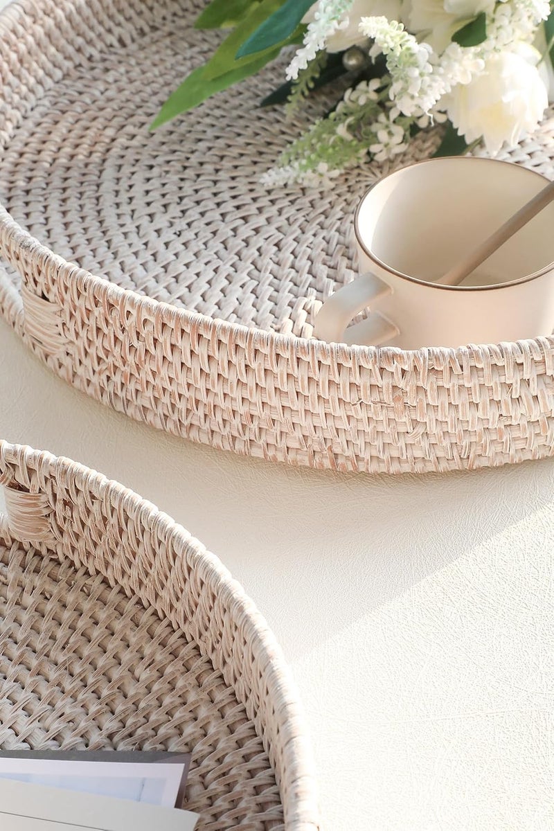 HITOMEN Hand-Woven Round Rattan Serving Tray Decorative Ottoman Wicker Platter with Handles for Coffee Table, Breakfast, Drinks, Snack, Bread, Fruit, Vegetables (Whitewash L-14.2'') - Image 4