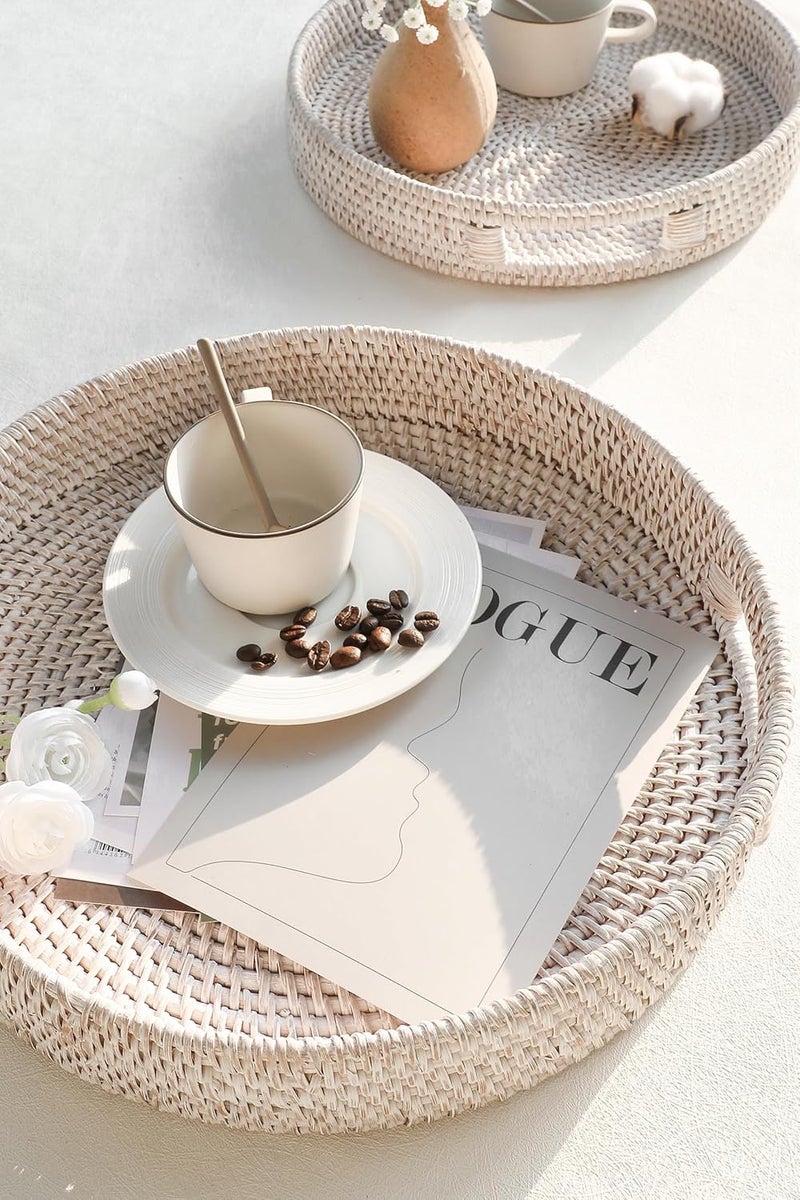 HITOMEN Hand-Woven Round Rattan Serving Tray Decorative Ottoman Wicker Platter with Handles for Coffee Table, Breakfast, Drinks, Snack, Bread, Fruit, Vegetables (Whitewash L-14.2'') - Image 5