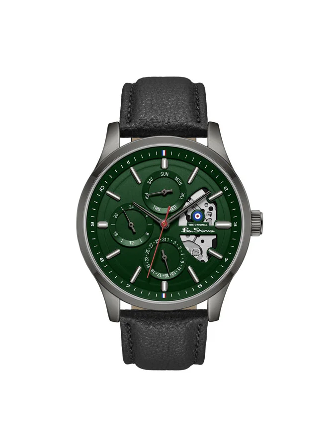 بين شيرمان St Albans Green Dial Black Genuine Leather Strap Multifunction Watch for Men, 43.5mm