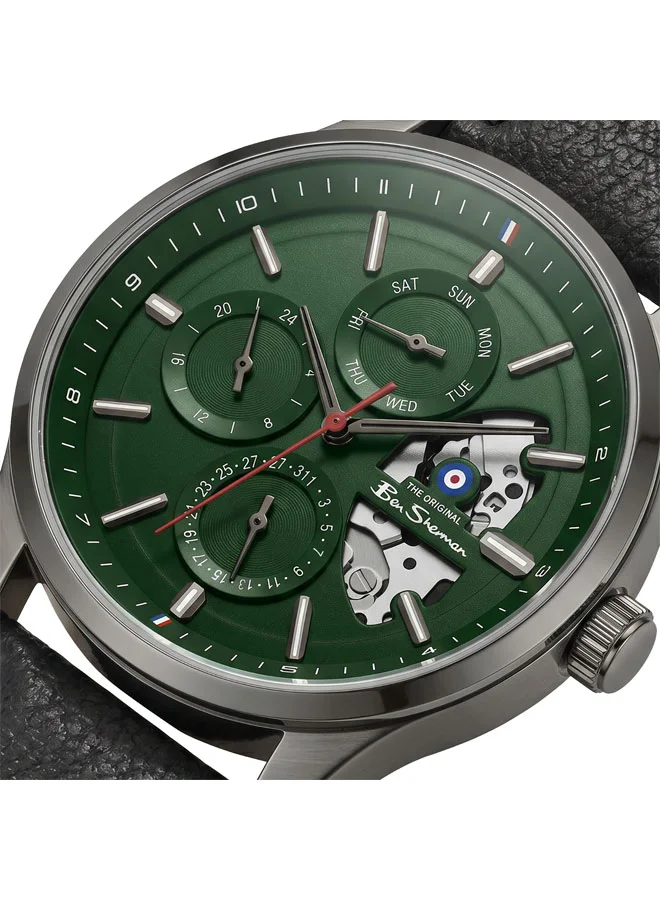 بين شيرمان St Albans Green Dial Black Genuine Leather Strap Multifunction Watch for Men, 43.5mm