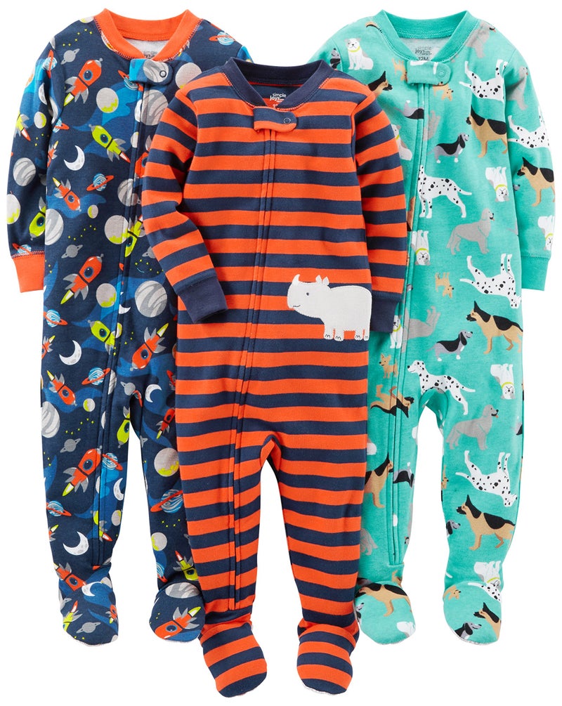 Simple Joys by Carter's Baby Boys' 3-Pack Snug Fit Footed Cotton Pajamas, Navy Space/Rust Stripe/Turquoise Green Dogs, 2T