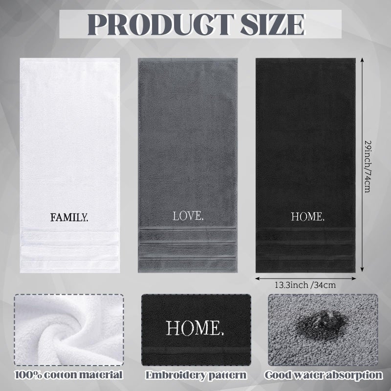 FuWeave 3 Pcs Farmhouse Decorative Hand Towels for Bathroom and Kitchen Rustic Embroidered Cotton Hand Towels Decorative Set for Boho Bathroom Decor(Black,Home Love Family) - Image 2