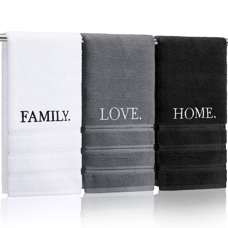 FuWeave 3 Pcs Farmhouse Decorative Hand Towels for Bathroom and Kitchen Rustic Embroidered Cotton Hand Towels Decorative Set for Boho Bathroom Decor(Black,Home Love Family) - Image 1