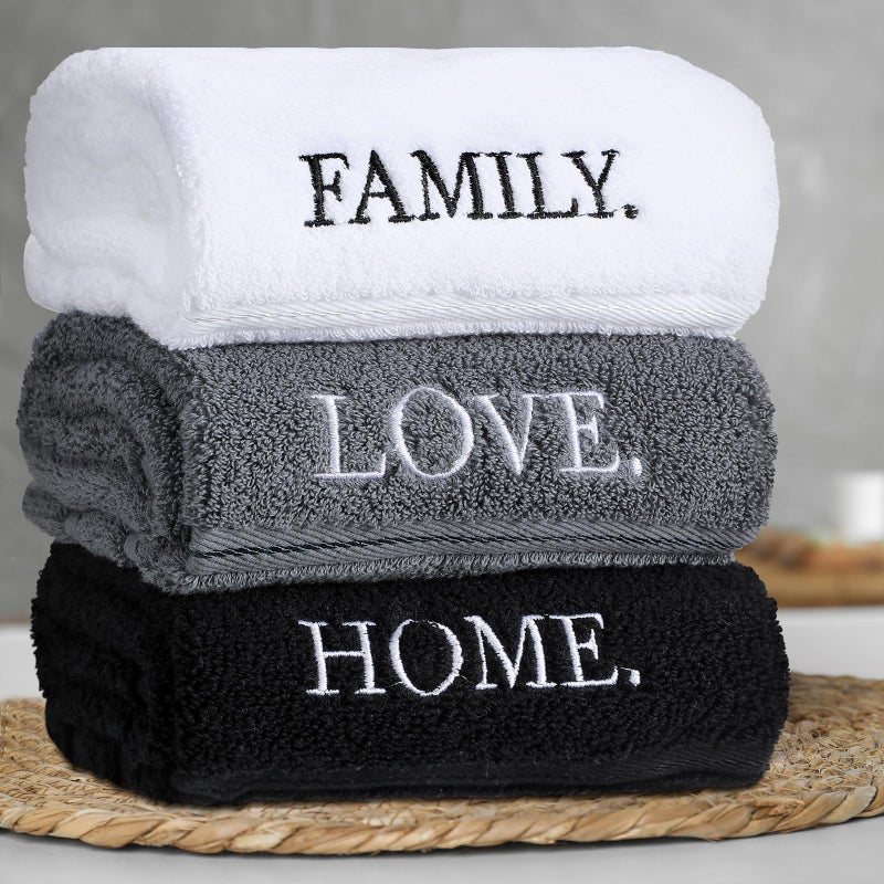 FuWeave 3 Pcs Farmhouse Decorative Hand Towels for Bathroom and Kitchen Rustic Embroidered Cotton Hand Towels Decorative Set for Boho Bathroom Decor(Black,Home Love Family) - Image 4