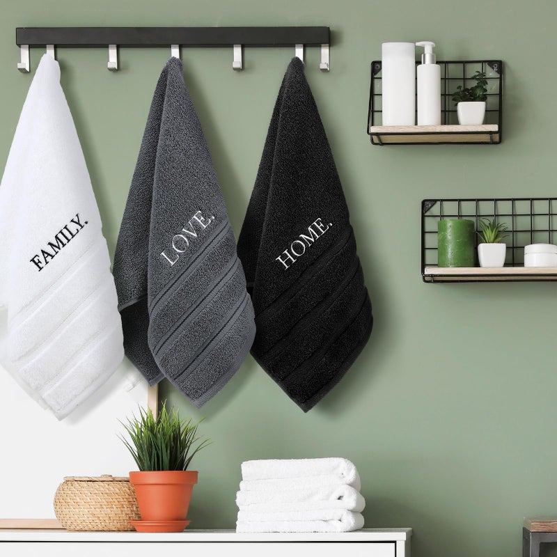 FuWeave 3 Pcs Farmhouse Decorative Hand Towels for Bathroom and Kitchen Rustic Embroidered Cotton Hand Towels Decorative Set for Boho Bathroom Decor(Black,Home Love Family) - Image 3