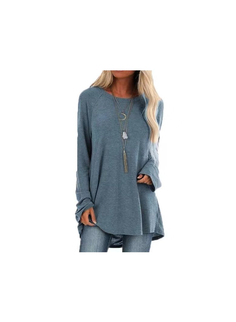 Loquat Solid Color Casual Medium Length Round Neck Long Sleeve Jumper T-shirt
