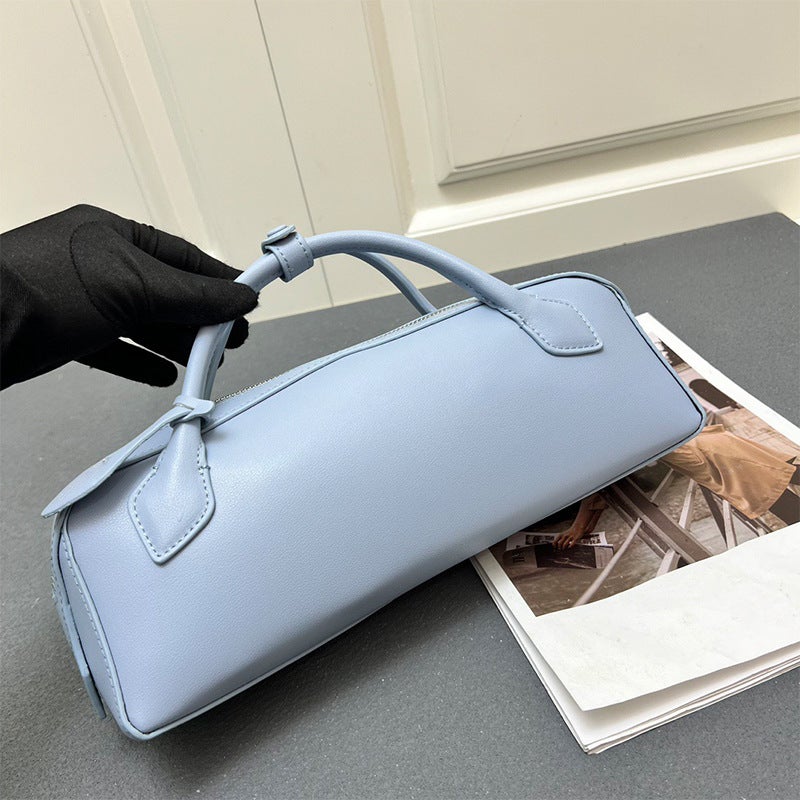 European and American New Genuine Leather Baguette Bag Womens Crossbody Bag Fashionable Short Top Layer Cowhide Bag Commuter Street Bag Light blue 
