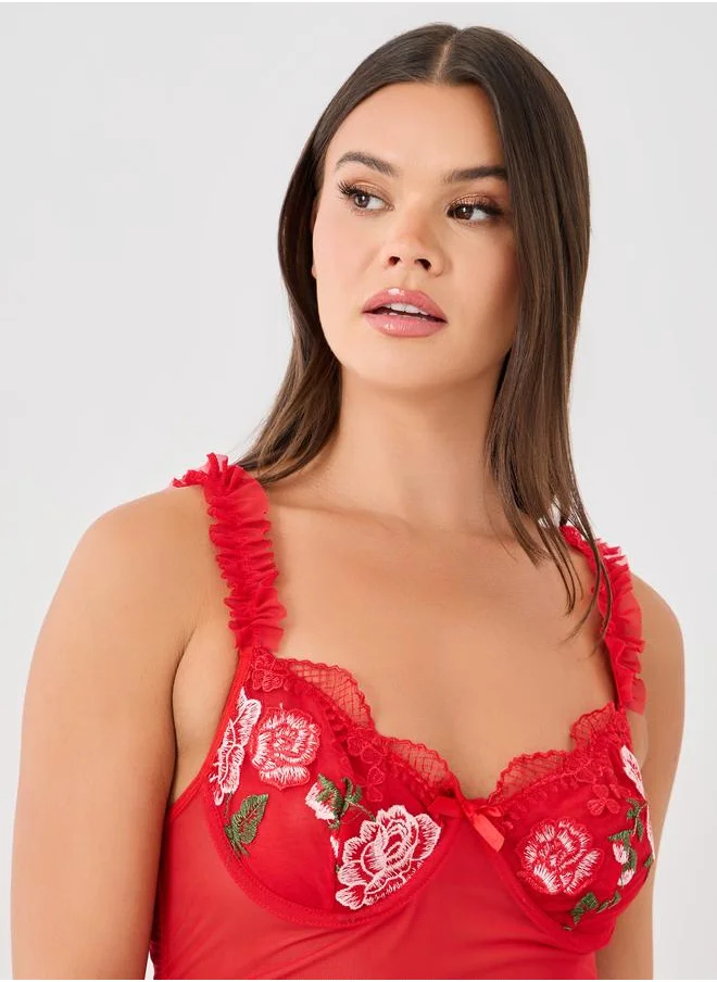 Styli Styli Embroidered Underwired Ruched and Ruffled Mesh Slip with Briefs