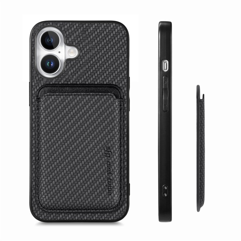 HuHa Protective Cover For iPhone 16 Carbon Fiber Leather Card Magsafe Phone Case(Black) - Image 2